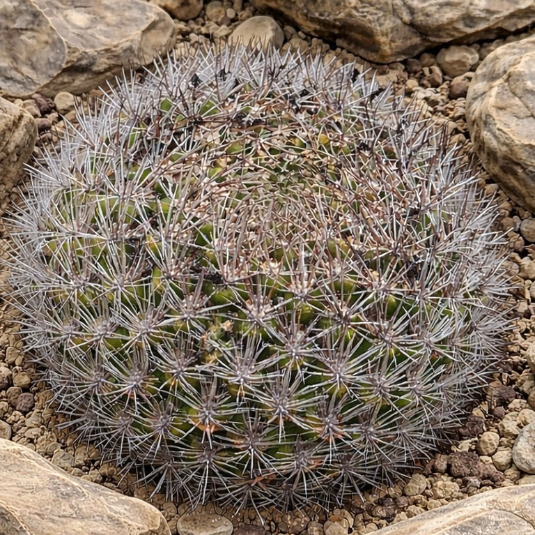 Weingartia neocumingii rare cactus with dense white spines on rocky soil