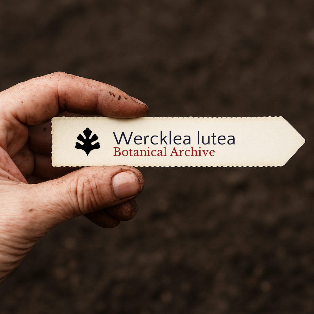 Plant label for Wercklea lutea with botanical archive logo held over soil background