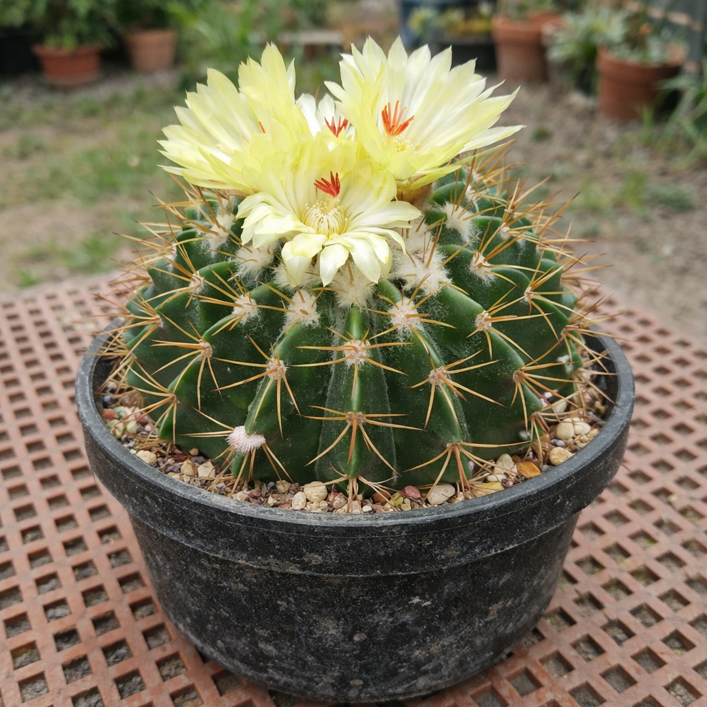 Wigginsia pulvinata cactus con fiori gialli e spine prominenti in vaso nero