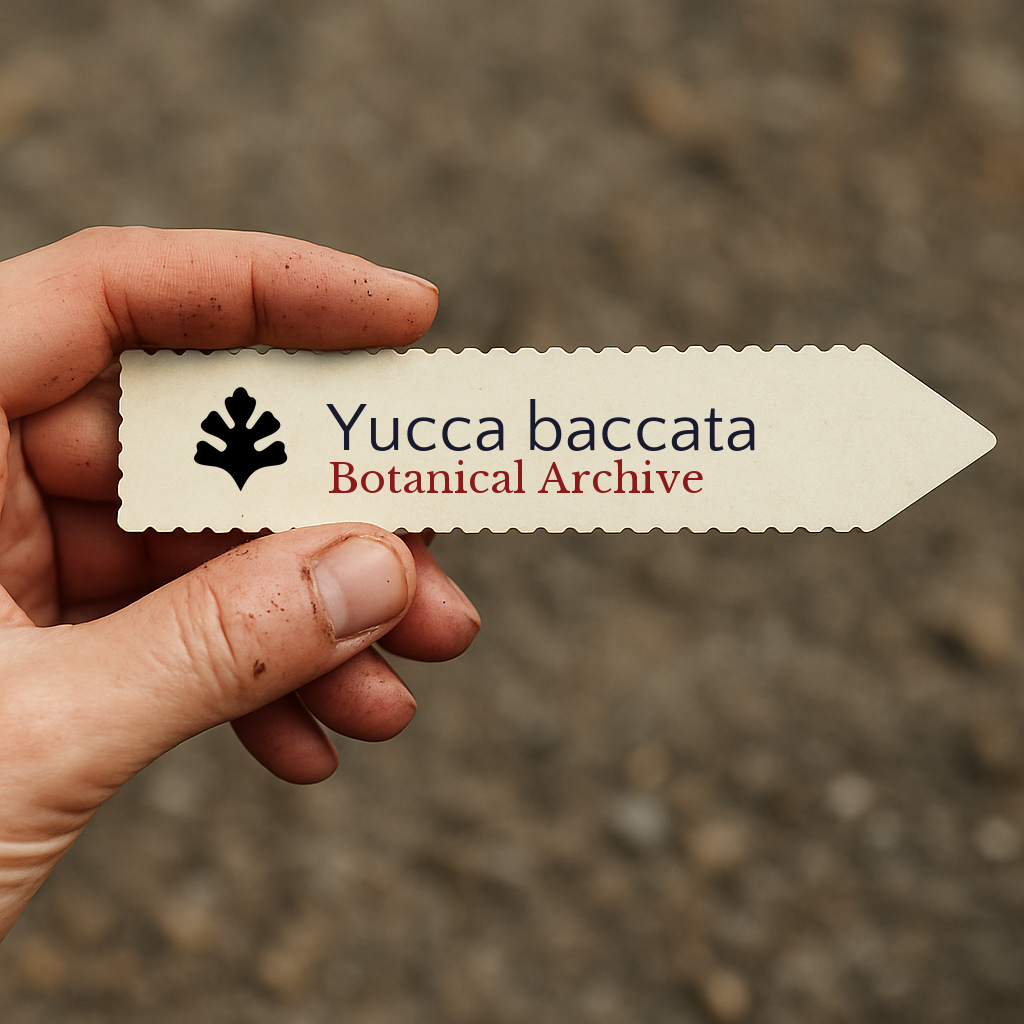 Etichetta stampata per pianta di Yucca baccata tenuta a mano su sfondo di terreno