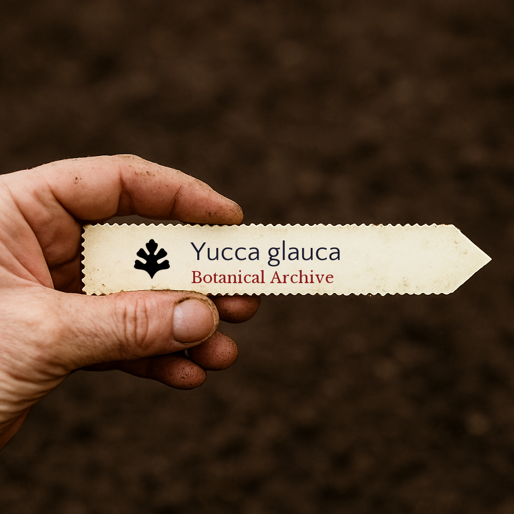 Etichetta stampata per pianta di Yucca glauca tenuta in mano su sfondo di terreno