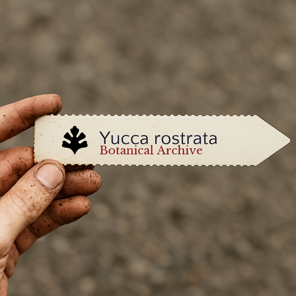 Etichetta stampata per la pianta Yucca rostrata tenuta da una mano sporca con sfondo sfocato di terreno