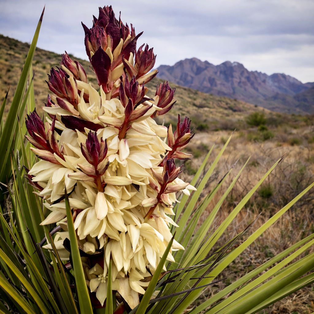 Yucca torreyi flowering plant with cream and burgundy blooms in desert landscape