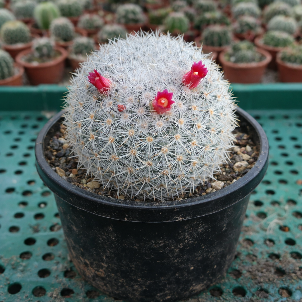 Mammillaria noureddineana cactus bianco spinato con piccoli fiori rosa brillante in vaso nero