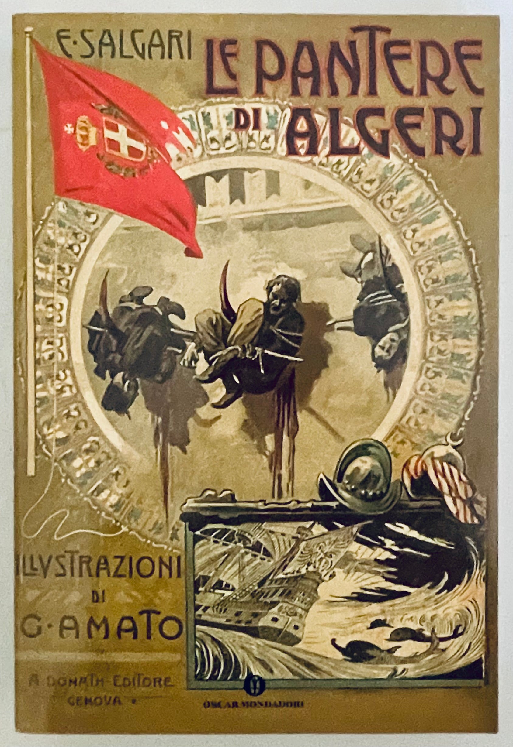 Le Pantere di Algeri di E. Salgari copertina di libro d'avventura vintage illustrato