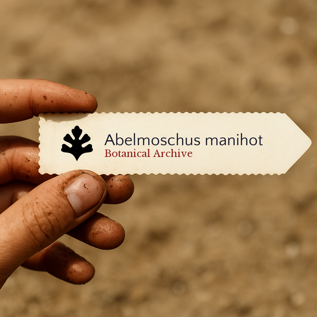 Printed plant label for Abelmoschus manihot with botanical archive logo held by dirty hand