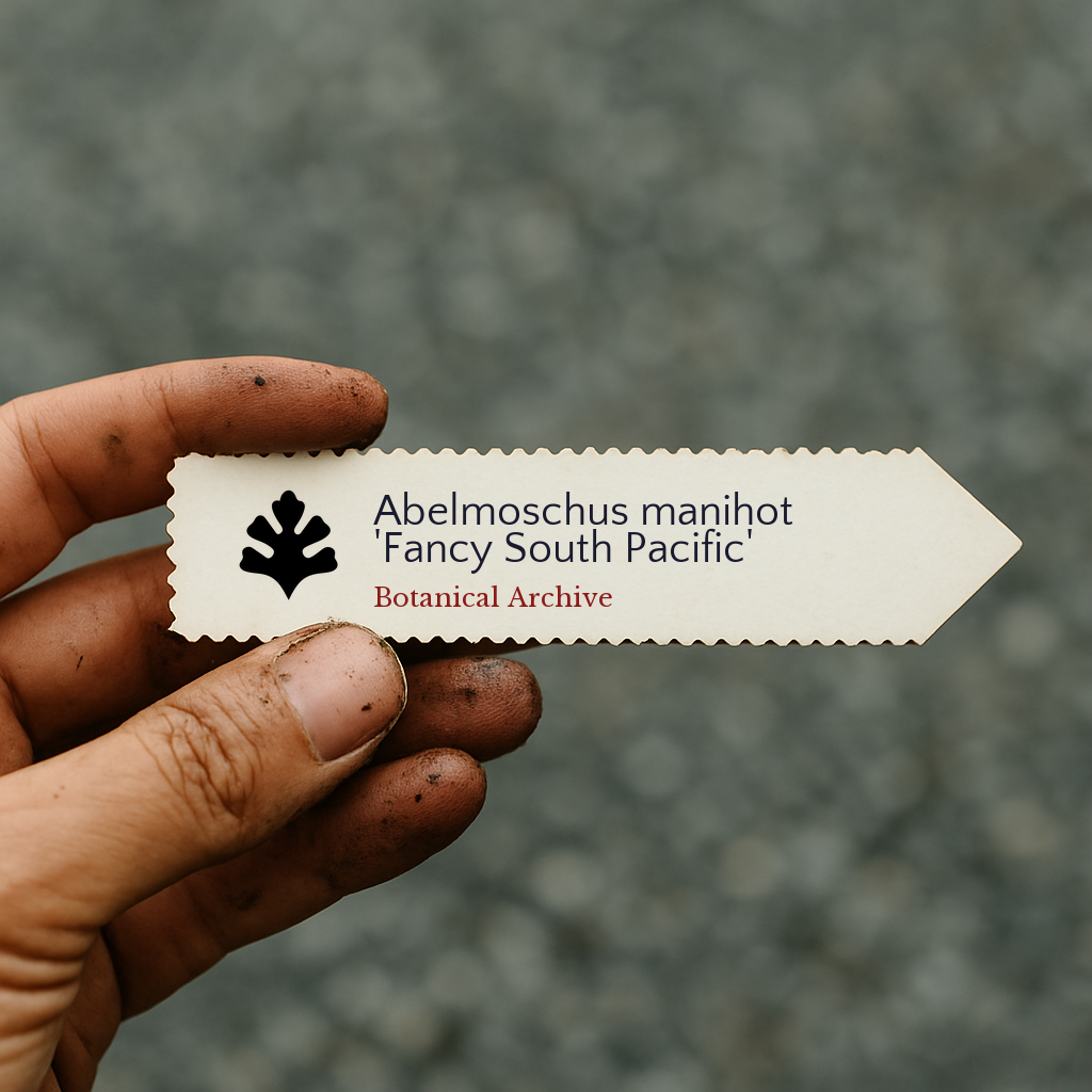 Printed plant label for Abelmoschus manihot 'Fancy South Pacific' held by dirty hand