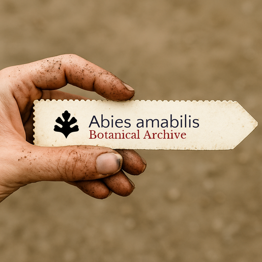Etichetta per pianta stampata di Abies amabilis tenuta da mano sporca su sfondo sfocato
