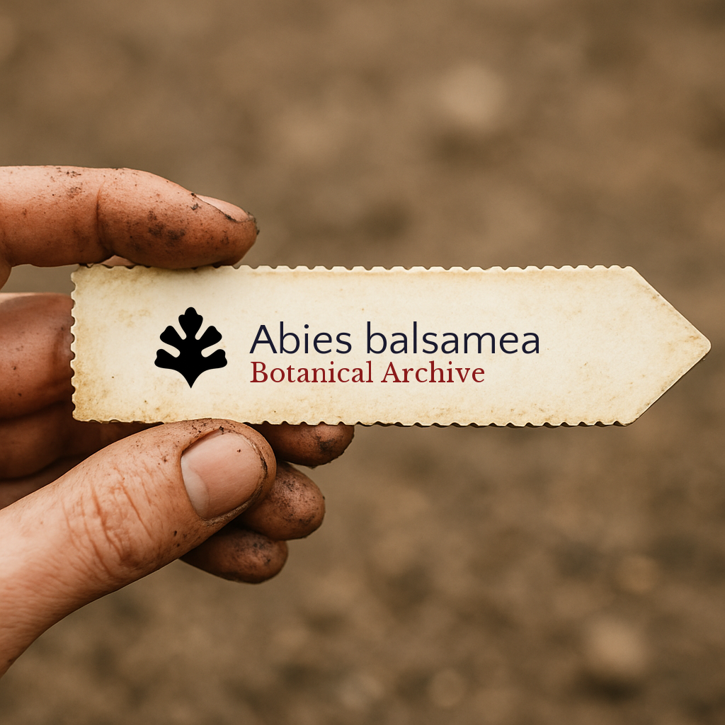 Printed plant label for Abies balsamea held by dirty hand against soil background