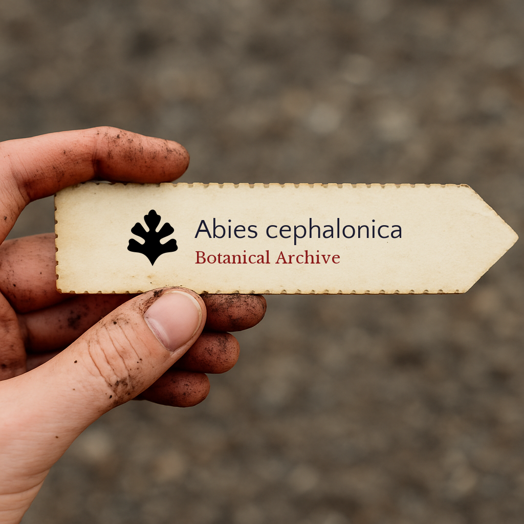 Printed plant label for Abies cephalonica held by dirty hand outdoors