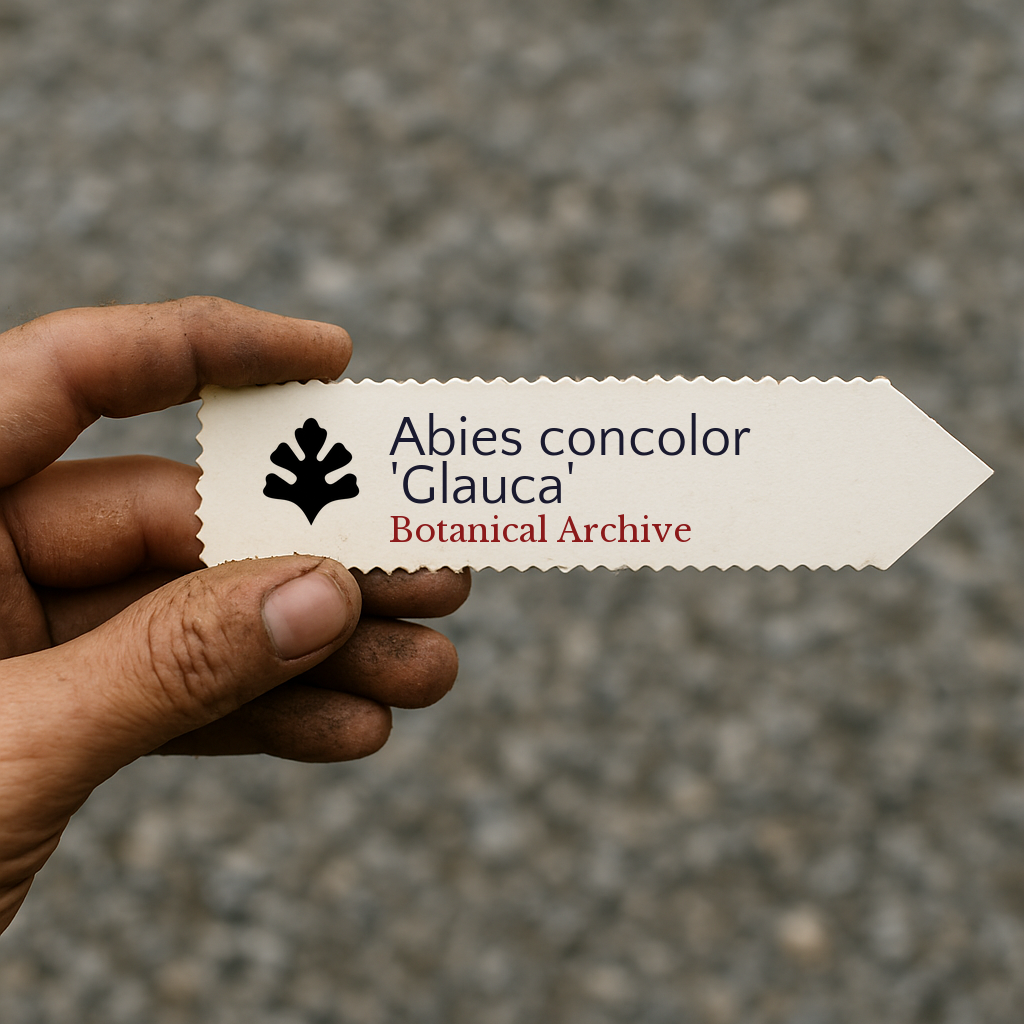 Printed plant label for Abies concolor 'Glauca' held by hand with dirt on fingers