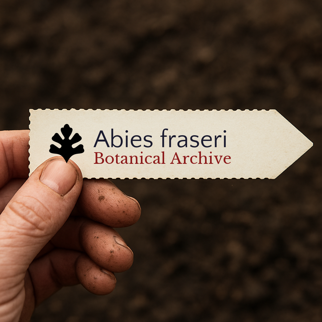 Printed plant label for Abies fraseri held by hand with soil background
