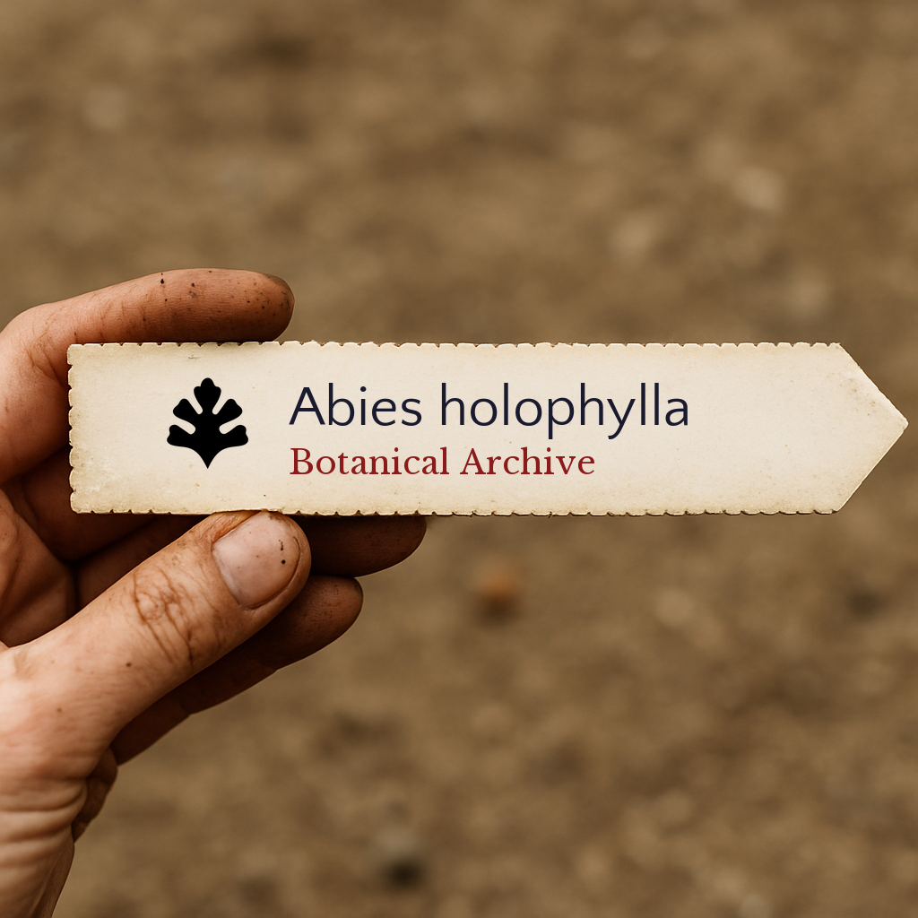Printed plant label for Abies holophylla with botanical archive logo held in hand