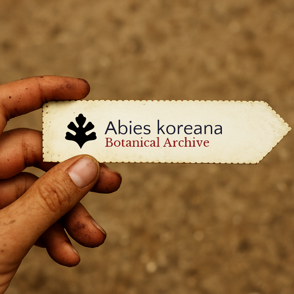 Printed plant label for Abies koreana held by hand with soil background