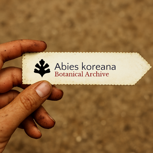 Etichetta a stampa per pianta di Abies koreana tenuta a mano con sfondo di terra