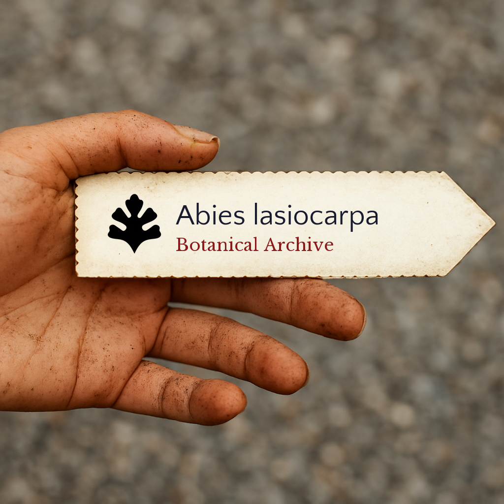 Printed plant label for Abies lasiocarpa held in dirty hand with blurred background
