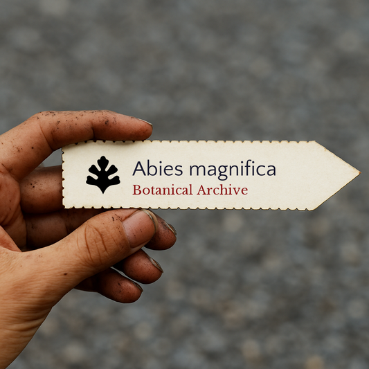Etichetta a stampa per pianta di Abies magnifica tenuta da una mano sporca di terra contro sfondo sfocato