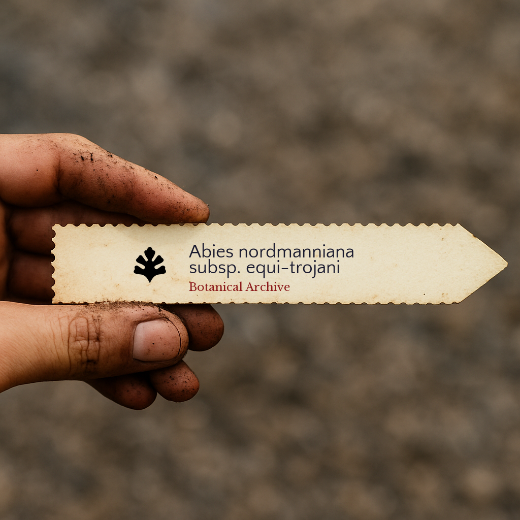 Printed plant label for Abies nordmanniana subsp. equi-trojani held by dirty hand outdoors