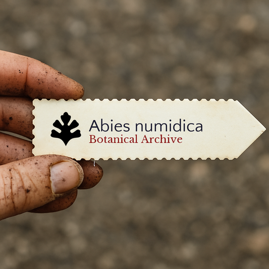 Etichetta per pianta stampata per Abies numidica tenuta da mano sporca all'aperto