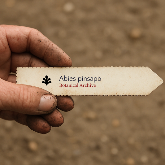 Etichetta stampata per pianta di Abies pinsapo tenuta da mano sporca su sfondo di terra
