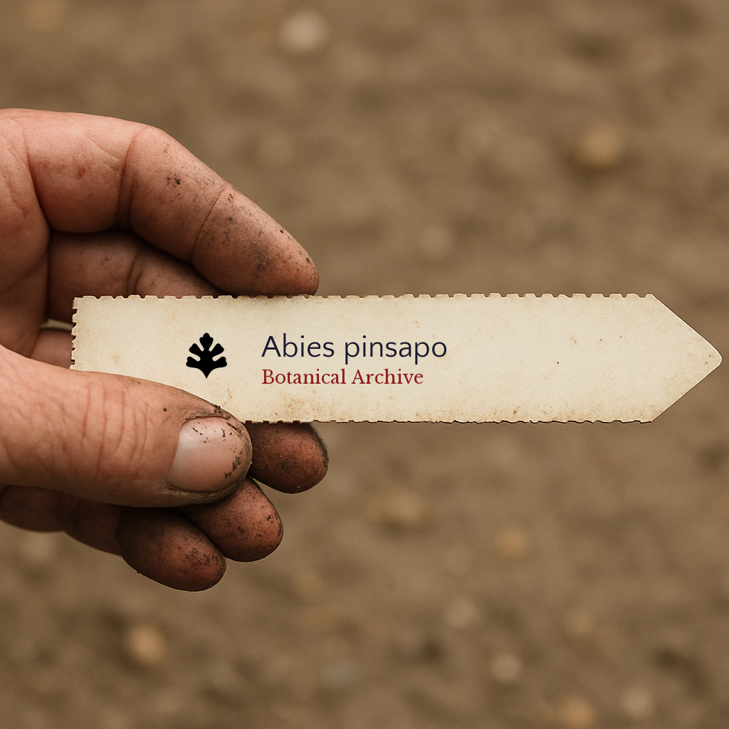 Etichetta plantare stampata per Abies pinsapo tenuta da mano sporca su sfondo di terreno