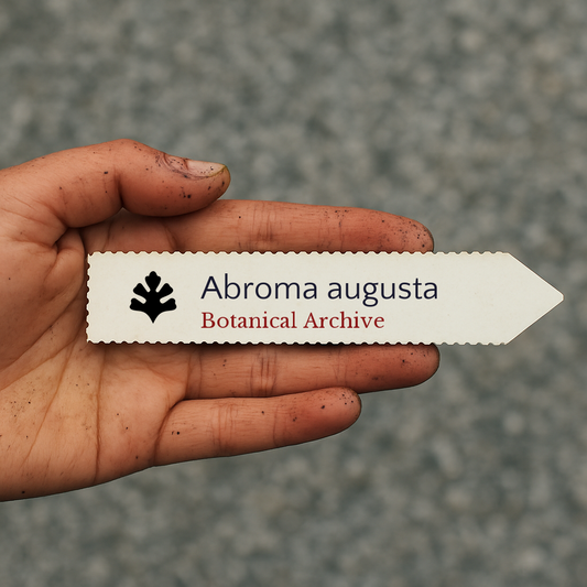 Etichetta stampata per pianta di Abroma augusta tenuta in mano con sfondo di terra e suolo