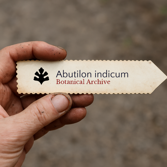 Etichetta per pianta stampata per Abutilon indicum con il logo di Botanical Archive tenuta in mano