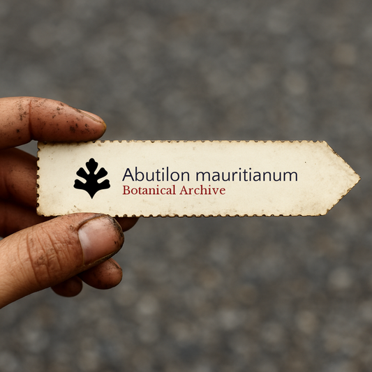 Etichetta vintage archivio botanico per Abutilon mauritianum tenuta a mano con terra