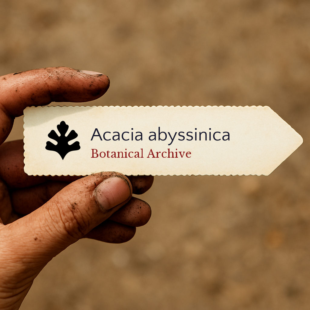 Etichetta per pianta stampata per Acacia abyssinica tenuta da mano sporca su sfondo di terreno