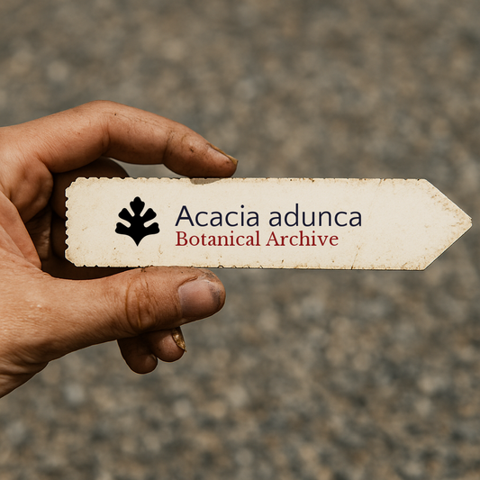 Etichetta stampata per pianta di Acacia adunca tenuta in mano con terra sulle dita