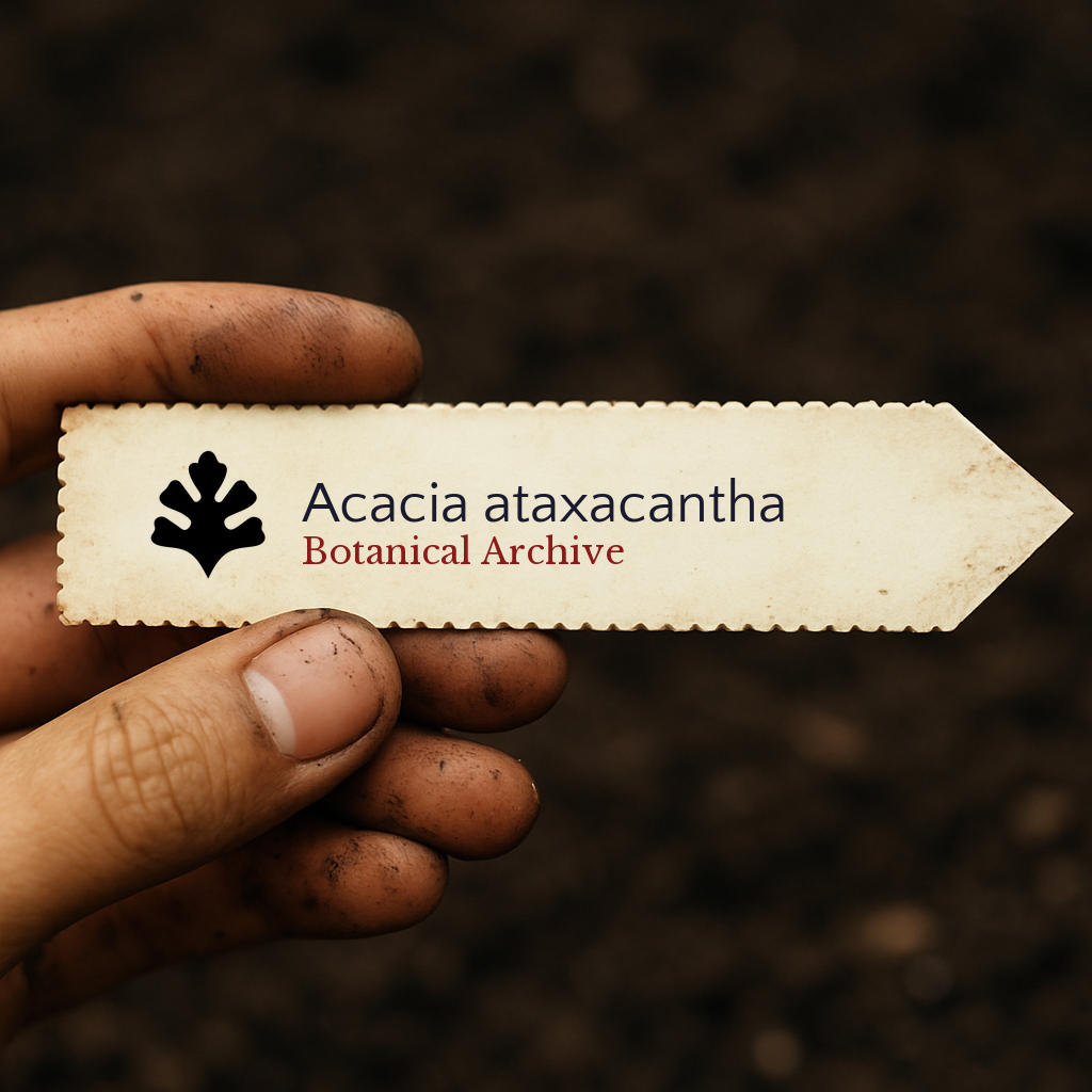 Etichetta stampata per pianta di Acacia ataxacantha tenuta da mano sporca su sfondo di terreno