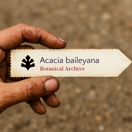 Etichetta botanica stampata per Acacia baileyana tenuta da una mano sporca su sfondo sfocato