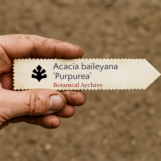 Etichetta della pianta stampata per Acacia baileyana 'Purpurea' tenuta a mano su sfondo di terreno