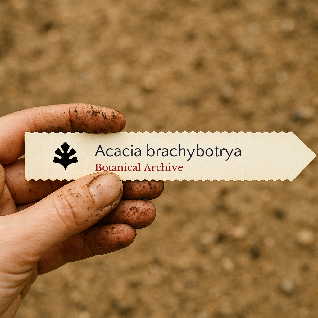 Printed plant label for Acacia brachybotrya held by dirty hand over soil background