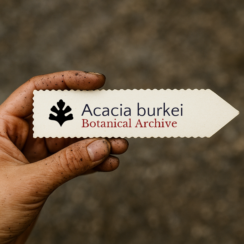 Printed plant label for Acacia burkei held by dirty hand with blurred soil background