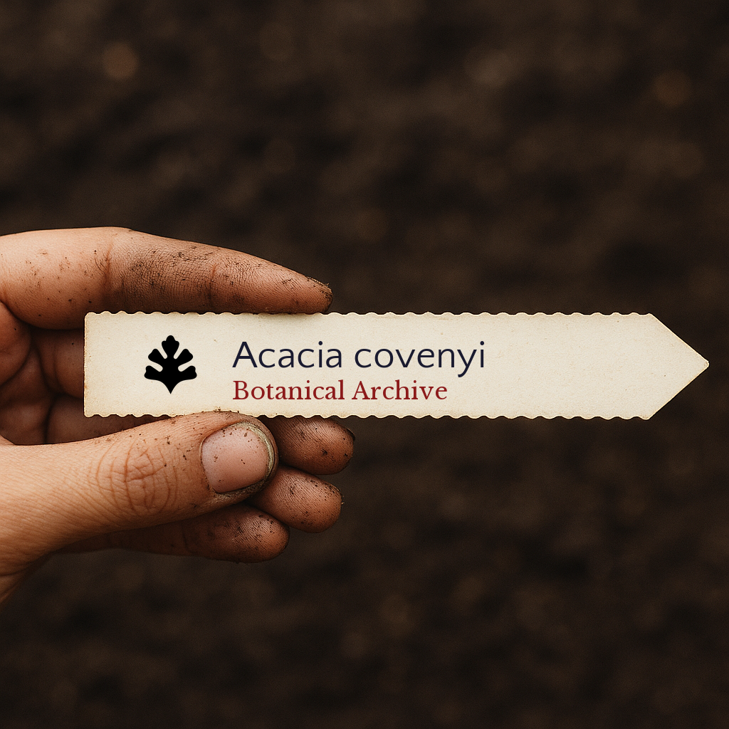 Printed plant label for Acacia covenyi held by dirty hand over soil background