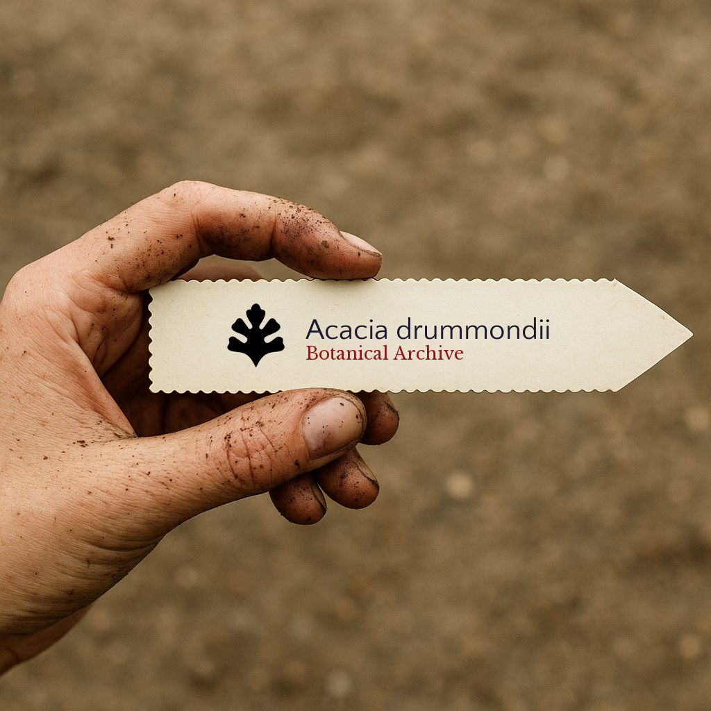 Printed plant label for Acacia drummondii held by dirty hand against soil background
