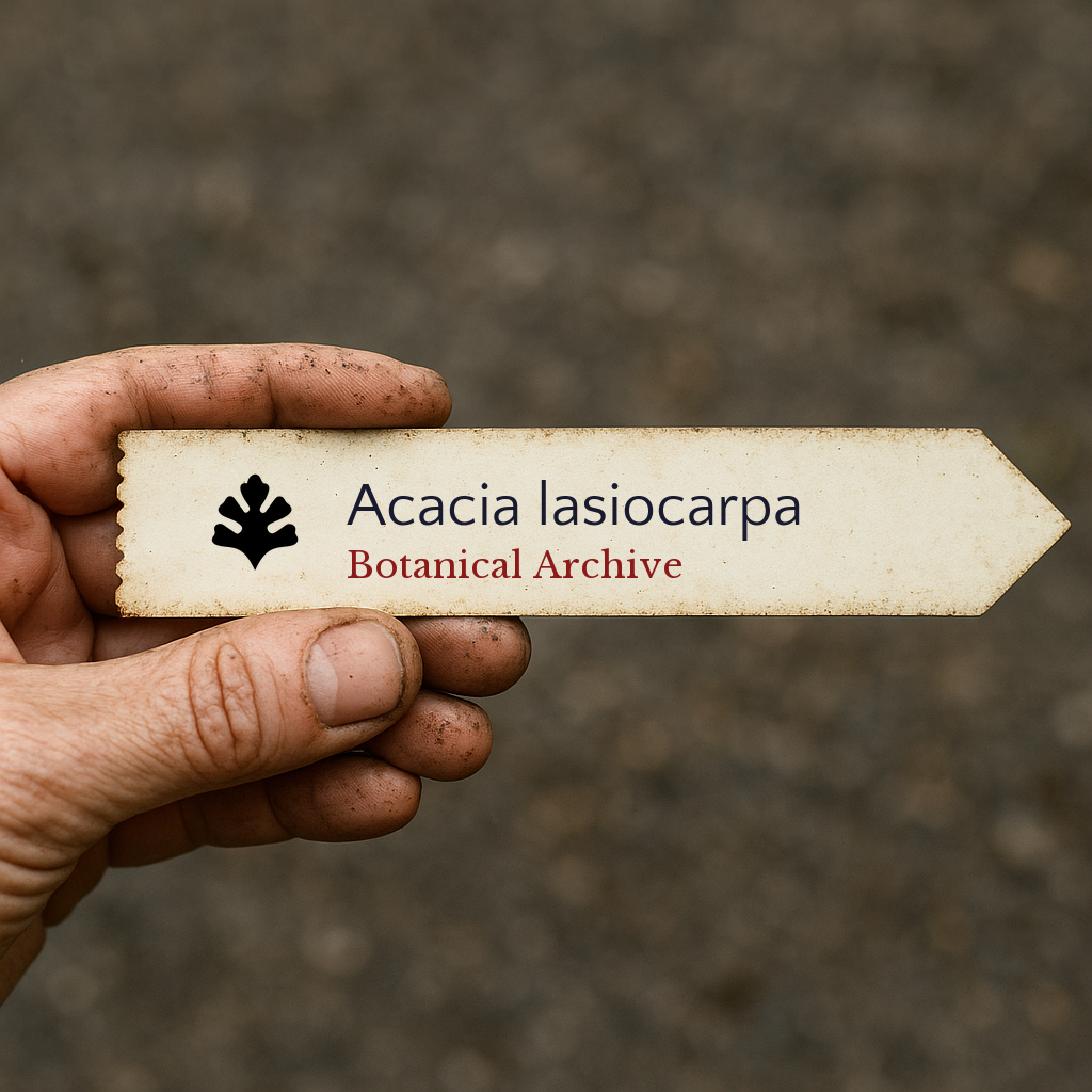 Printed plant label for Acacia lasiocarpa held by hand with dirt background