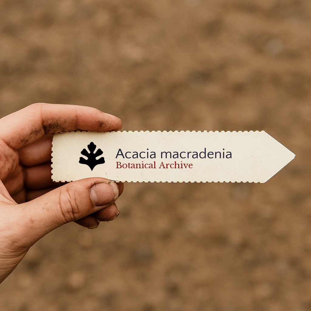 Etichetta plastificata per pianta di Acacia macradenia tenuta a mano con sfondo di terreno