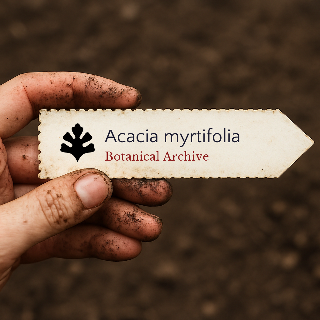 Etichetta stampata per pianta di Acacia myrtifolia tenuta da mano sporca su sfondo di terriccio