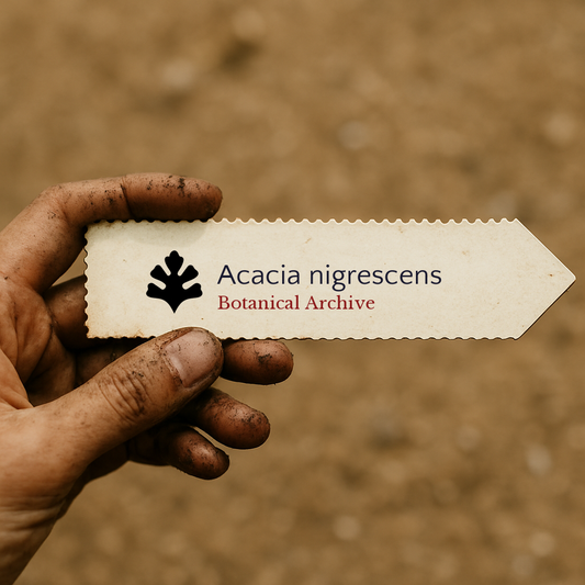 Etichetta per pianta stampata per Acacia nigrescens tenuta da una mano sporca con sfondo di terreno sfocato