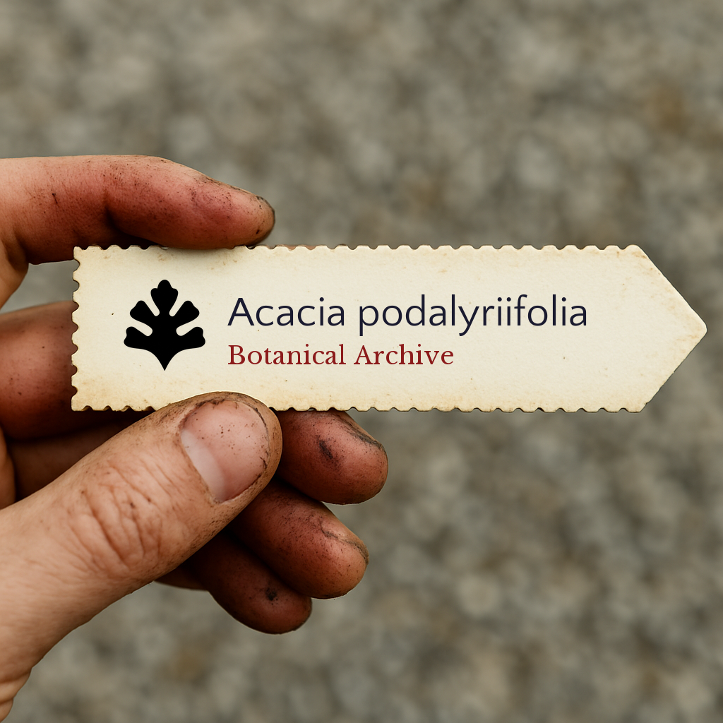 Etichetta pianta stampata per Acacia podalyriifolia tenuta da una mano sporca su sfondo di ghiaia
