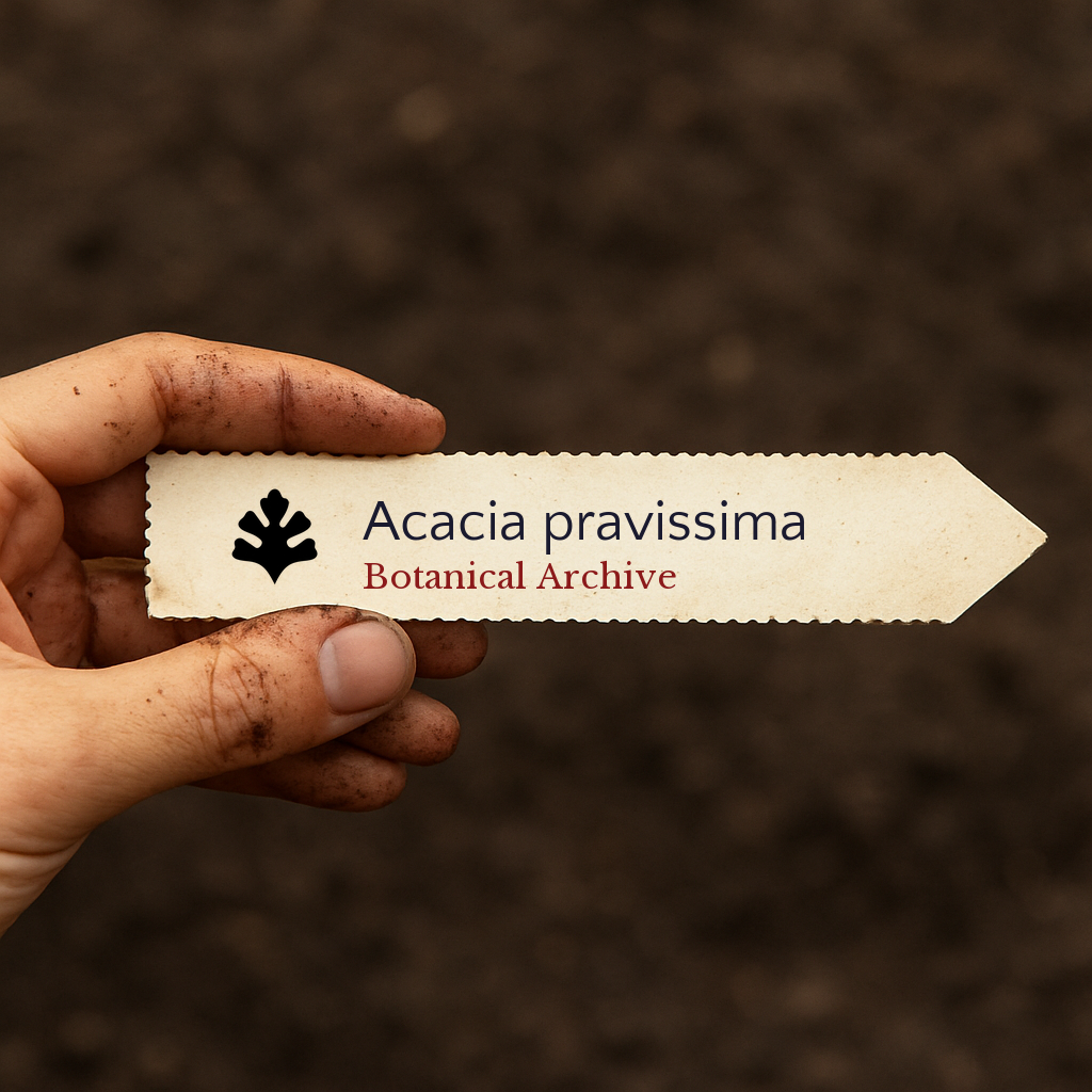Etichetta stampata per pianta di Acacia pravissima tenuta da mano sporca su sfondo di terreno