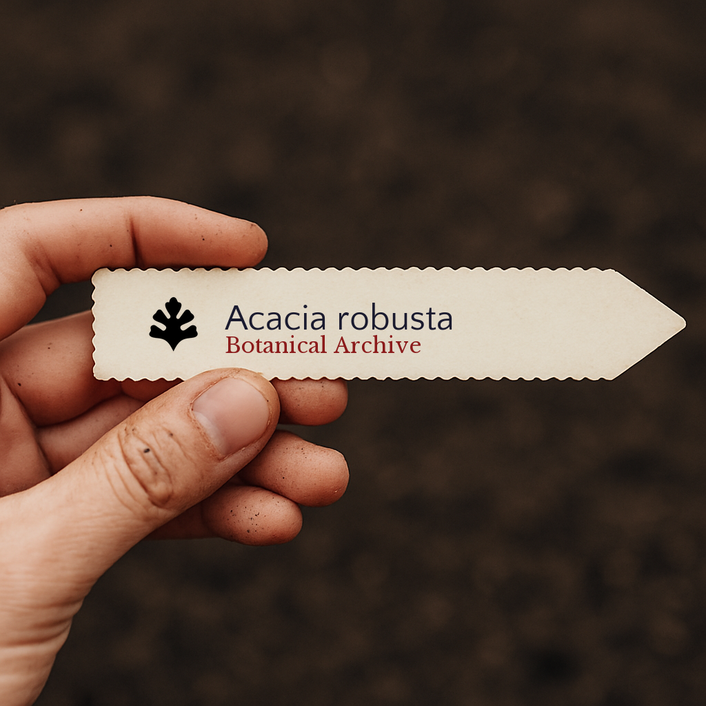 Etichetta per piante stampata per Acacia robusta tenuta a mano su sfondo di terreno