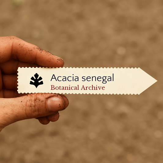 Etichetta stampata per pianta di Acacia senegal tenuta a mano con sfondo di terreno