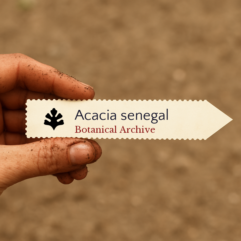 Etichetta stampata per pianta di Acacia senegal tenuta da una mano sporca con sfondo di terreno
