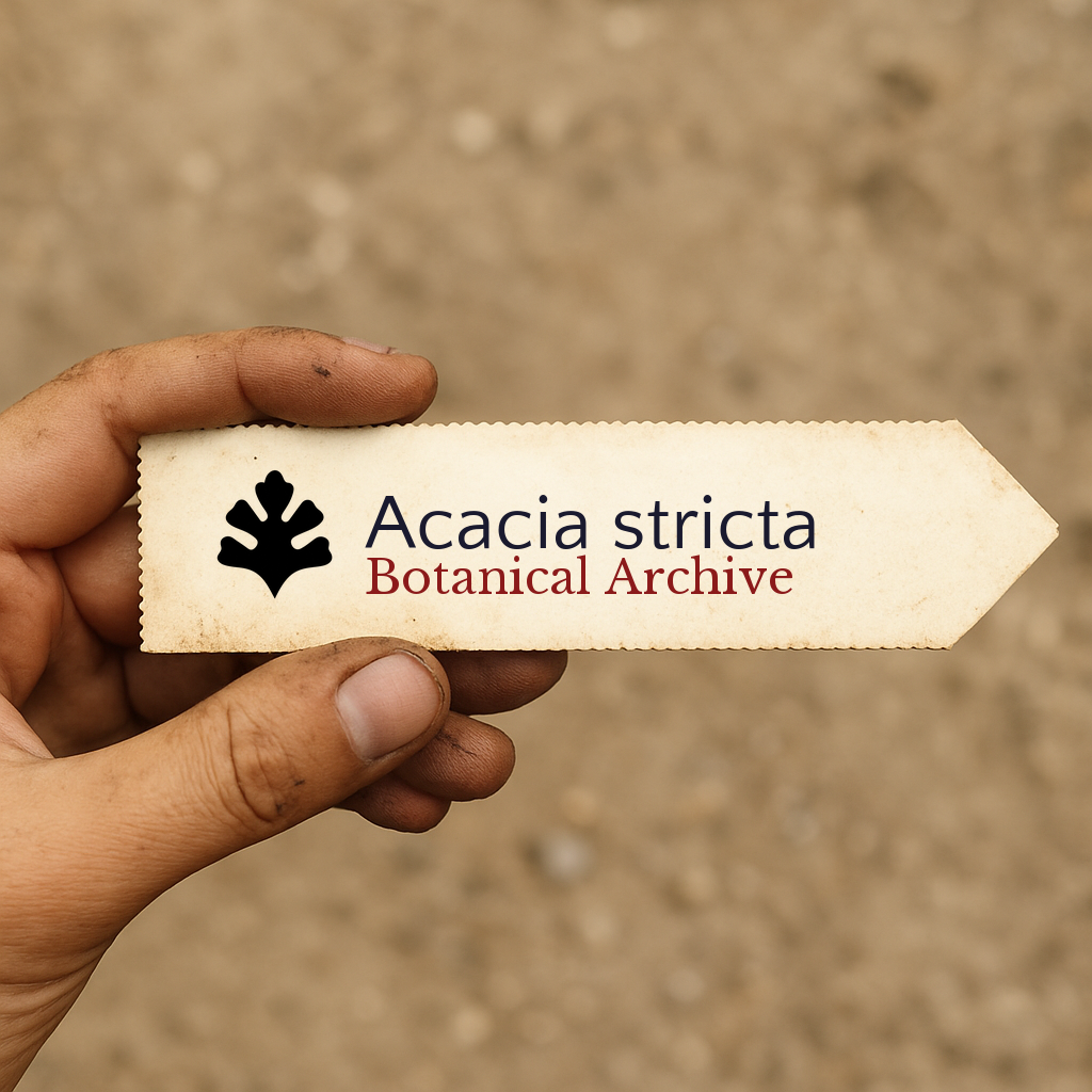 Etichetta per piante stampata per Acacia stricta con logo Botanical Archive in mano