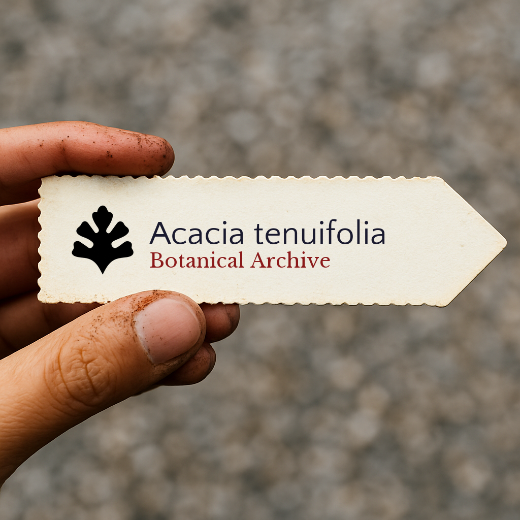 Etichetta per pianta stampata per Acacia tenuifolia tenuta a mano con terra sotto le unghie