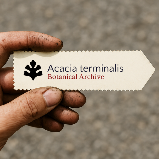 Etichetta per piante stampata per Acacia terminalis tenuta a mano con dita macchiate di terra