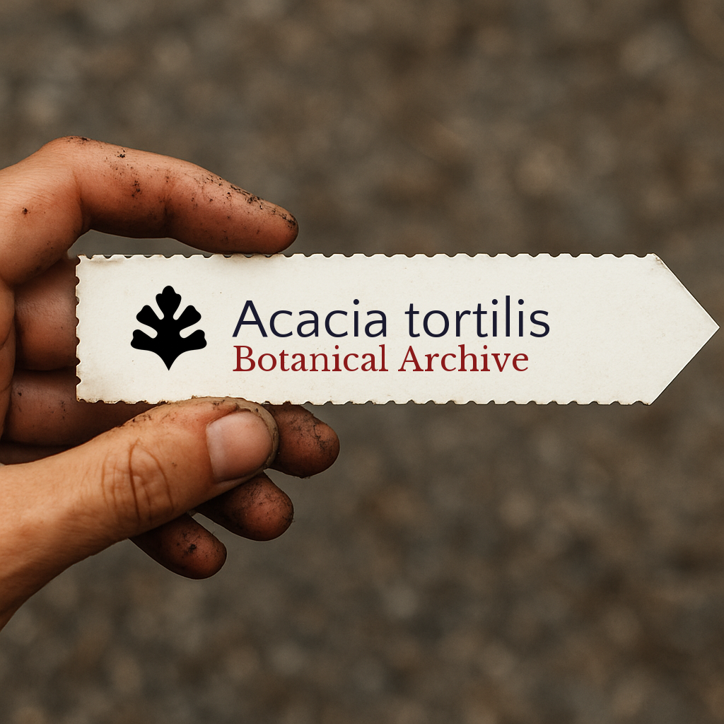 Etichetta stampata per pianta di Acacia tortilis tenuta da mano sporca all'aperto